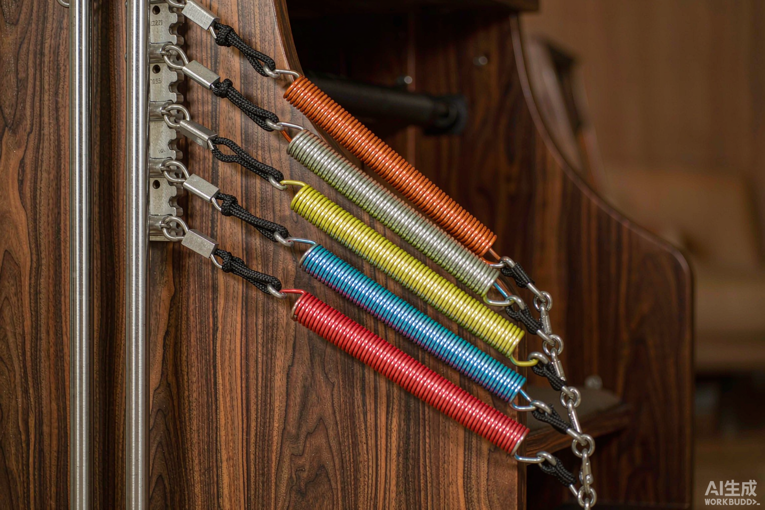 Close-up of Pilates reformer springs and gearbar system